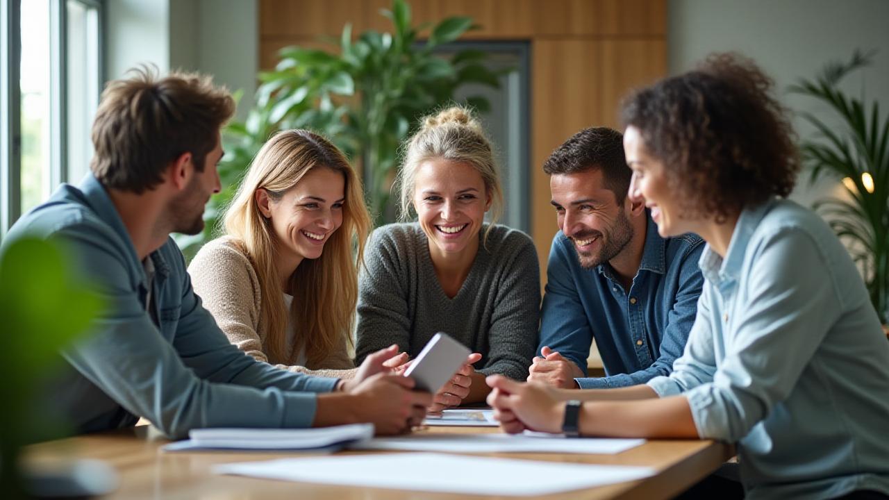 Diverse team of health and tech experts collaborating respectfully in a modern, sunlit office environment
