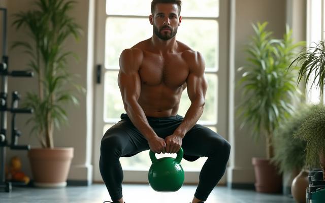 An active man in his early 40s performing a kettlebell swing in a brightly lit home gym, demonstrating functional strength training for adult fitness.