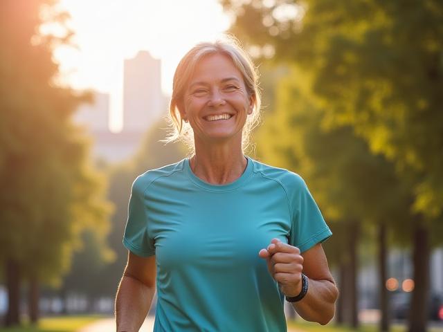 An active adult, male or female, aged 40-50, engaged in a dynamic low-impact exercise outdoors, smiling and full of vitality.