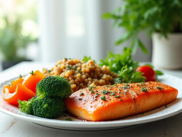 A vibrant, healthy meal with colorful vegetables, grilled salmon, and whole grains, artistically arranged on a light plate.
